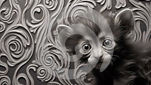 Close-up Portrait Of A Cute Monkey Kitten With Swirl Pattern Backdrop