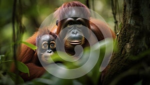 Close up portrait of cute orangutan sitting in tropical rainforest generated by AI