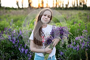 Close-up portrait of cute young girl  in a field of lupins. Girl holding a bouquet of purple flowers in background of a field of l