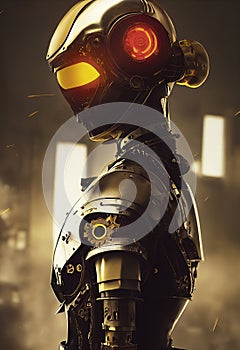 Close up Portrait of a Cyborg with a Helmet and Glowing Lights