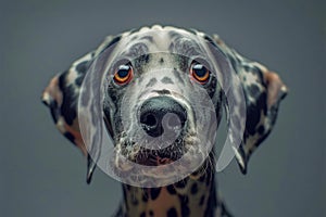 Close Up Portrait of a Dalmatian Dog with Distinctive Spots and Soulful Eyes on a Neutral Background