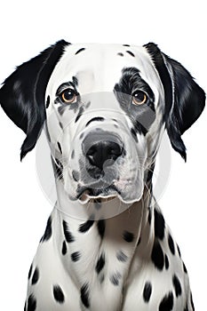 Close-up portrait of dalmatian dog on white background