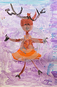 Close up. Portrait of a deer in a dress on a lilac background. Children`s drawing paints. Creative activities with children 4-5