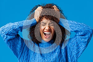 Close-up portrait distressed and tensed upset african-american woman screaming from feeling uneasy and let down