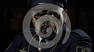 Close-up portrait of a dog in a police officer uniform