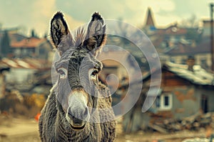 Close up Portrait of a Donkey with Expressive Eyes in a Rustic Village Setting