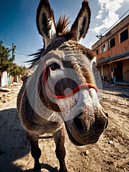 Close-up portrait of a donkey with a red rope, focusing on its nose, AI-generated.
