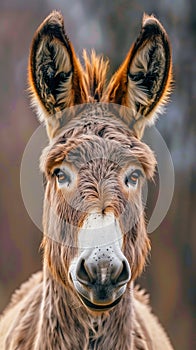 A close-up portrait of a donkey\'s face