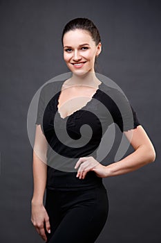 Close up portrait of elegant brunette woman with nude make up