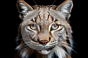 Close-up portrait of eurasian lynx isolated on black background. AI generated content.