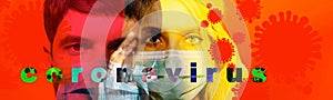 Close-up portrait of face of young girl and guy with medical flu mask, isolated on red background with coronavirus text and icon.