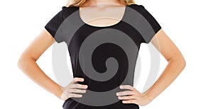 Close up portrait Fashion, clothing and design concept. Studio shot of fashionable Caucasian girl in black t-shirt mock up