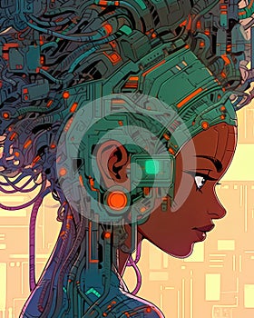 Close-up portrait of female android with complex wires and circuits, concept of sentient machines. Generative AI illustration in