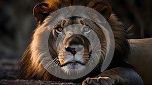 Close up portrait ferocious carnivore male lion sit and rest, stare or looking at the savannah desert background