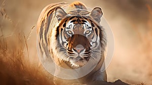 Close up portrait ferocious carnivore tiger stare or looking at the camera dessert savannah background