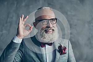 Close up portrait of funny excited cheerful with groomed stylish