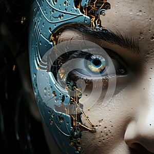 Close-up portrait of a futuristic girl with blue eyes