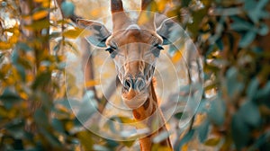 Close-up portrait of a giraffe peeking through the foliage of a tree