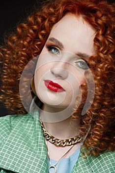 Close-up portrait of  girl, curly red hair, red lipstick, calm look, white skin, puffy hairstyle, evening make-up