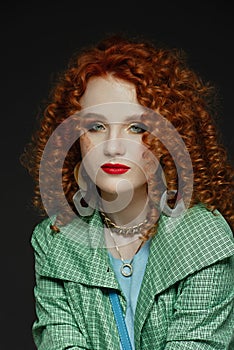 Close-up portrait of a girl, curly red hair, red lipstick, calm look, white skin, puffy hairstyle, evening make-up