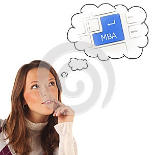 Close-up portrait of girl dreaming about on-line MBA training (i photo