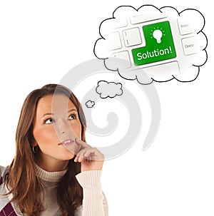 Close-up portrait of girl dreaming about on-line solution service (isolated)