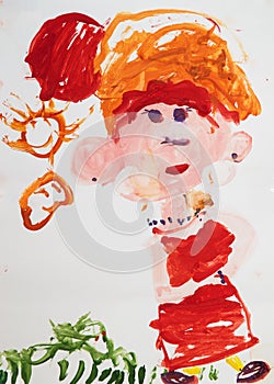 Close up. Portrait of a girl in a red sundress on a walk. Children`s drawing paints. Creative activities with children 4-5 years