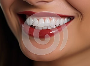 This is a close-up portrait of a girl smile with bright white teeth and red lips. The image showcases dental care, oral
