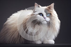 Close up portrait of a gorgeous fluffy ragdoll cat with blue eyes, generative AI