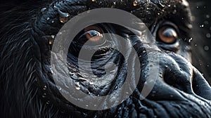 Close-up portrait of a gorilla with big eyes. Black background.