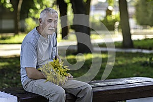 Close-up portrait of a grandfather with gray hair and mustache, sitting on a bench in a city Park on a date photo