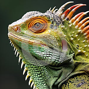 Close up portrait of a green iguana, tropical reptile