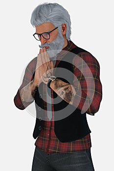 Close-up portrait of a handsome tattooed silver fox with hipster glasses praying on an isolated white background