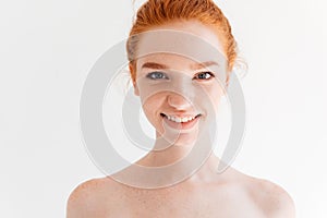 Close up portrait of happy naked ginger woman