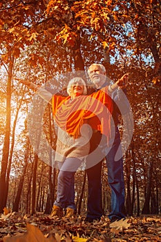 Close up portrait of a happy old woman and man in a park in autumn foliage