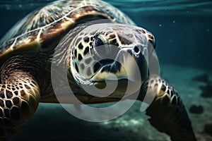 Close Up portrait of happy sea turtle swimming underwater. AI generated.