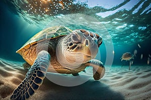 Close Up portrait of happy sea turtle swimming underwater. AI generated.