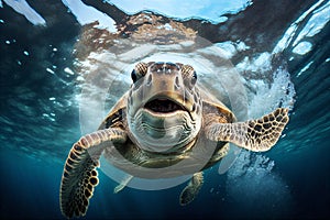 Close Up portrait of happy sea turtle swimming underwater. AI generated.