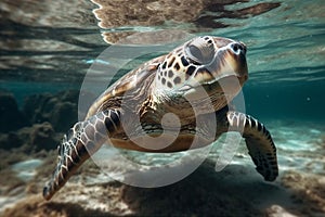 Close Up portrait of happy sea turtle swimming underwater. AI generated.