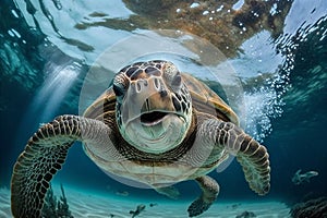 Close Up portrait of happy sea turtle swimming underwater. AI generated.