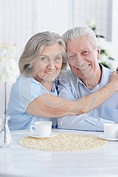 Close-up portrait of happy senior couple at home