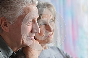 Close-up portrait of a happy senior couple at home