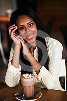 Close up portrait of a happy young african american woman with c