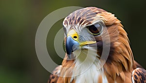 close-up portrait of a hawk with a sharp beak, piercing eyes, blurred green background
