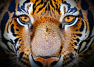 A close up portrait headshot of a colorful Bengal tiger.