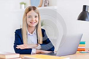 Close-up portrait of her she nice attractive intellectual cheerful small little long-haired girl using laptop attending