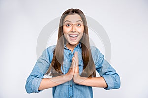 Close-up portrait of her she nice attractive lovely amazed glad cheerful cheery positive girl fan folded hands asking
