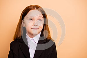 Close-up portrait of her she nice attractive lovely dreamy minded pre-teen girl wearing formal wear thinking about