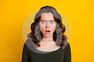 Close-up portrait of her she nice attractive lovely outraged dissatisfied wavy-haired girl stupor expression isolated on photo