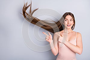 Close-up portrait of her she nice attractive lovely pretty cute cheerful brown-haired girl wind blowing hair showing new